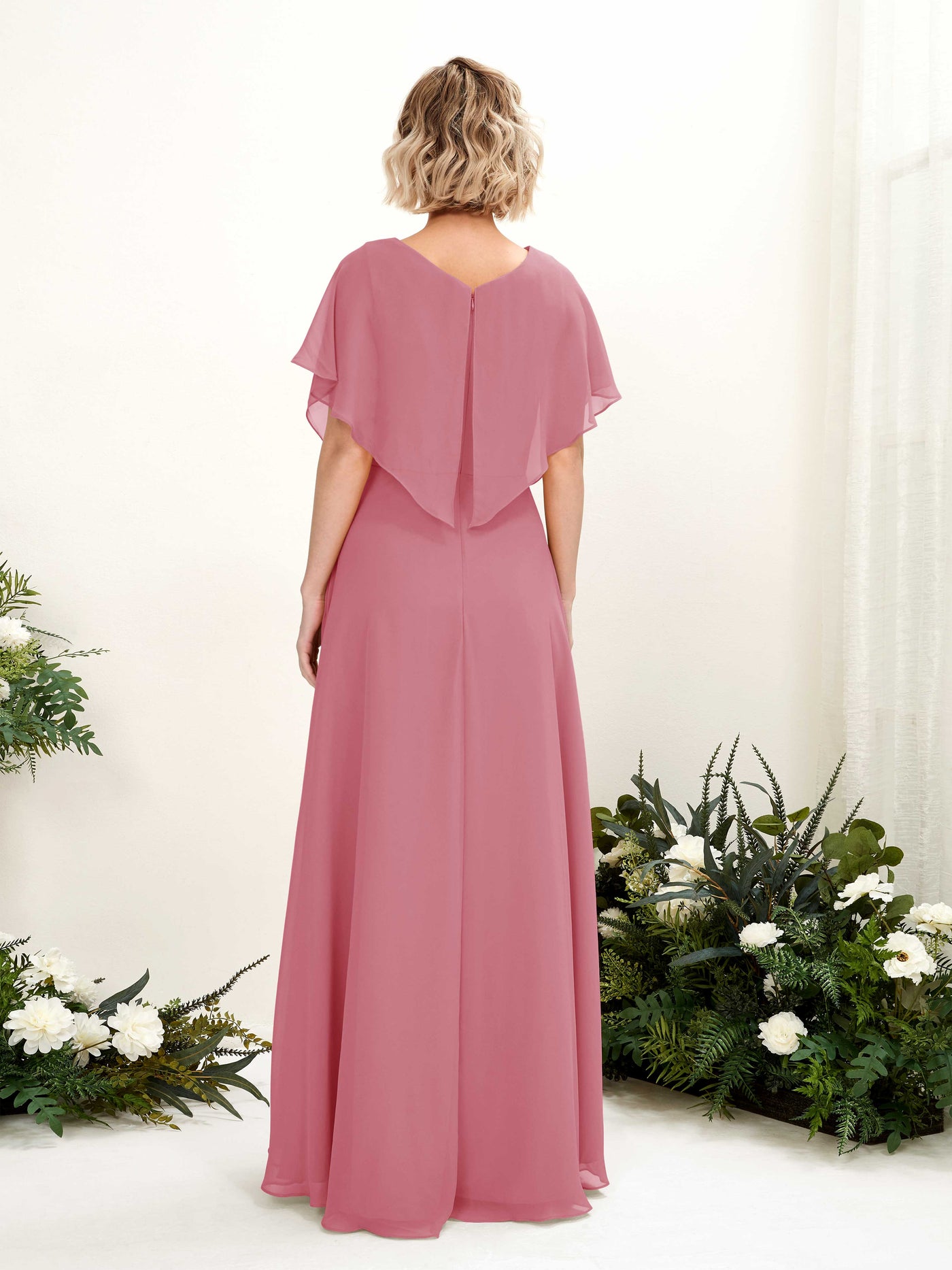 Carlyna Vestido Línea A Escote en V Manga con vuelo Hasta el suelo Dama de honor Rosa Del Desierto #color_rosa-del-desierto