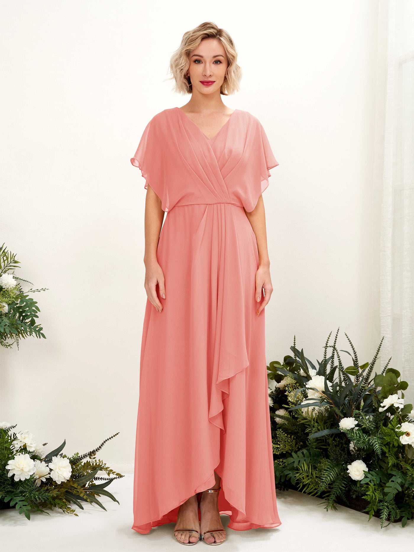 Carlyna Vestido Línea A Escote en V Manga con vuelo Hasta el suelo Dama de honor Rosa Melocotón #color_rosa-melocot-n