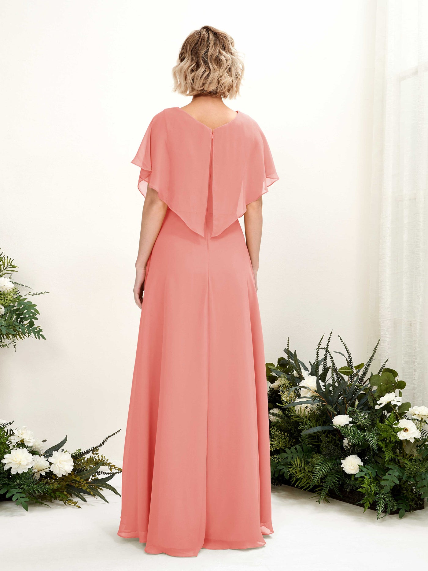 Carlyna Vestido Línea A Escote en V Manga con vuelo Hasta el suelo Dama de honor Rosa Melocotón #color_rosa-melocot-n