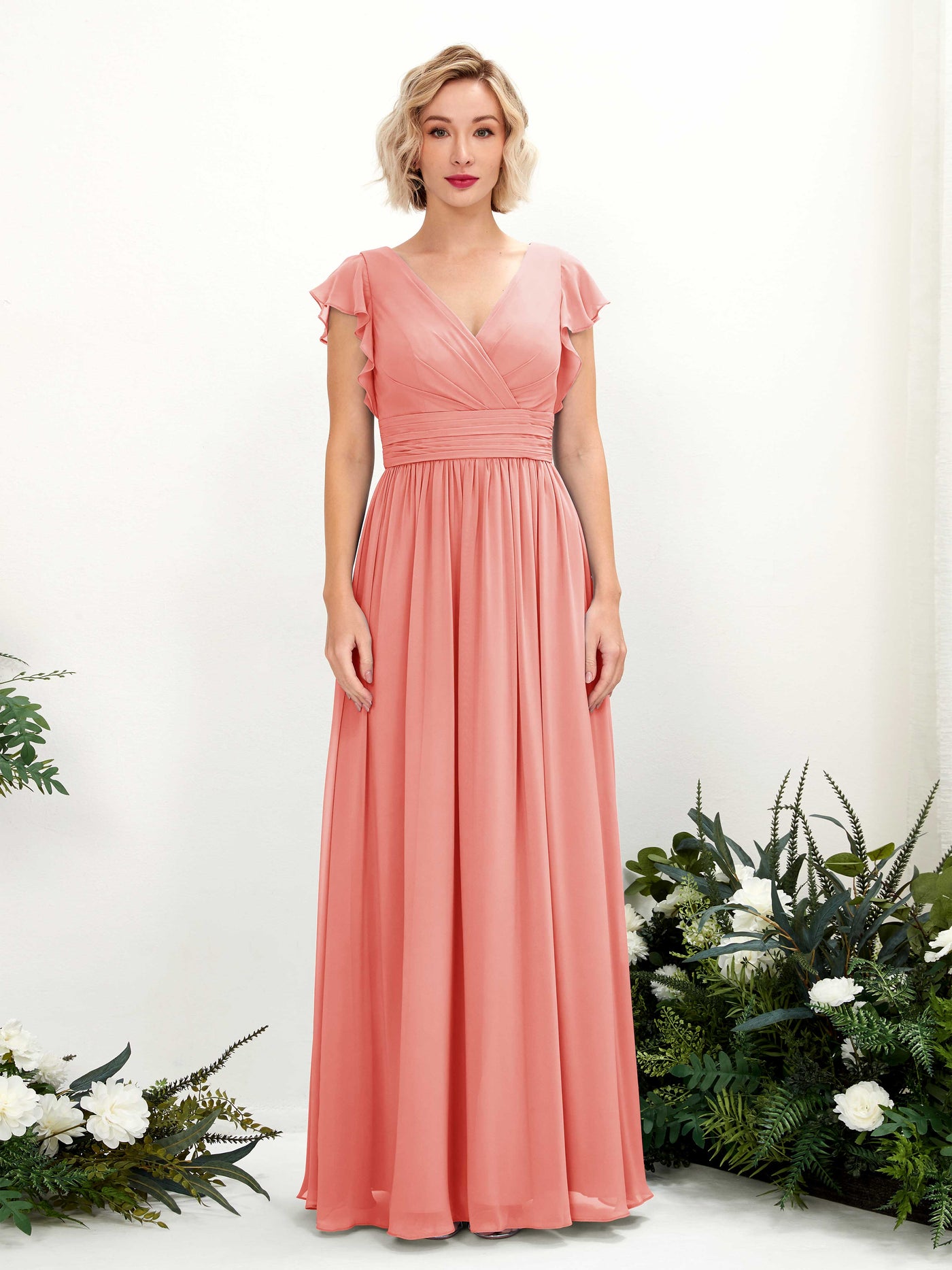Carlyna Vestido Línea A Escote en V Manga con vuelo Hasta el suelo Dama de honor Rosa Melocotón #color_rosa-melocot-n