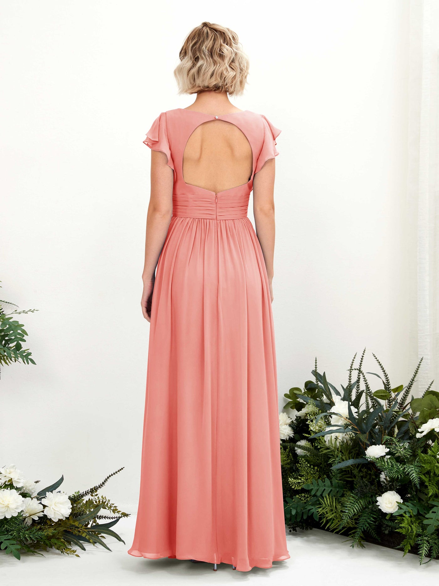 Carlyna Vestido Línea A Escote en V Manga con vuelo Hasta el suelo Dama de honor Rosa Melocotón #color_rosa-melocot-n