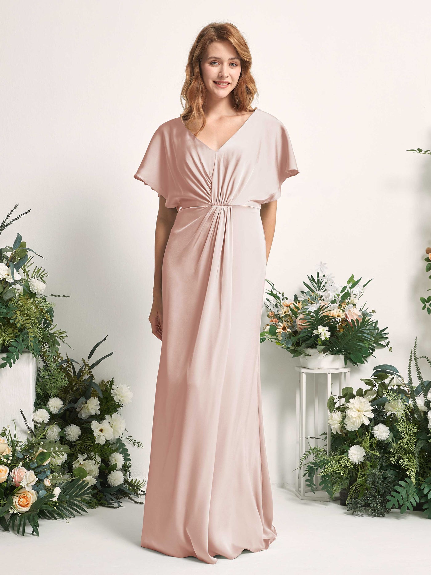Carlyna Vestido línea A escote en V manga con vuelo hasta el suelo dama de honor Rosa Perla #color_rosa-perla