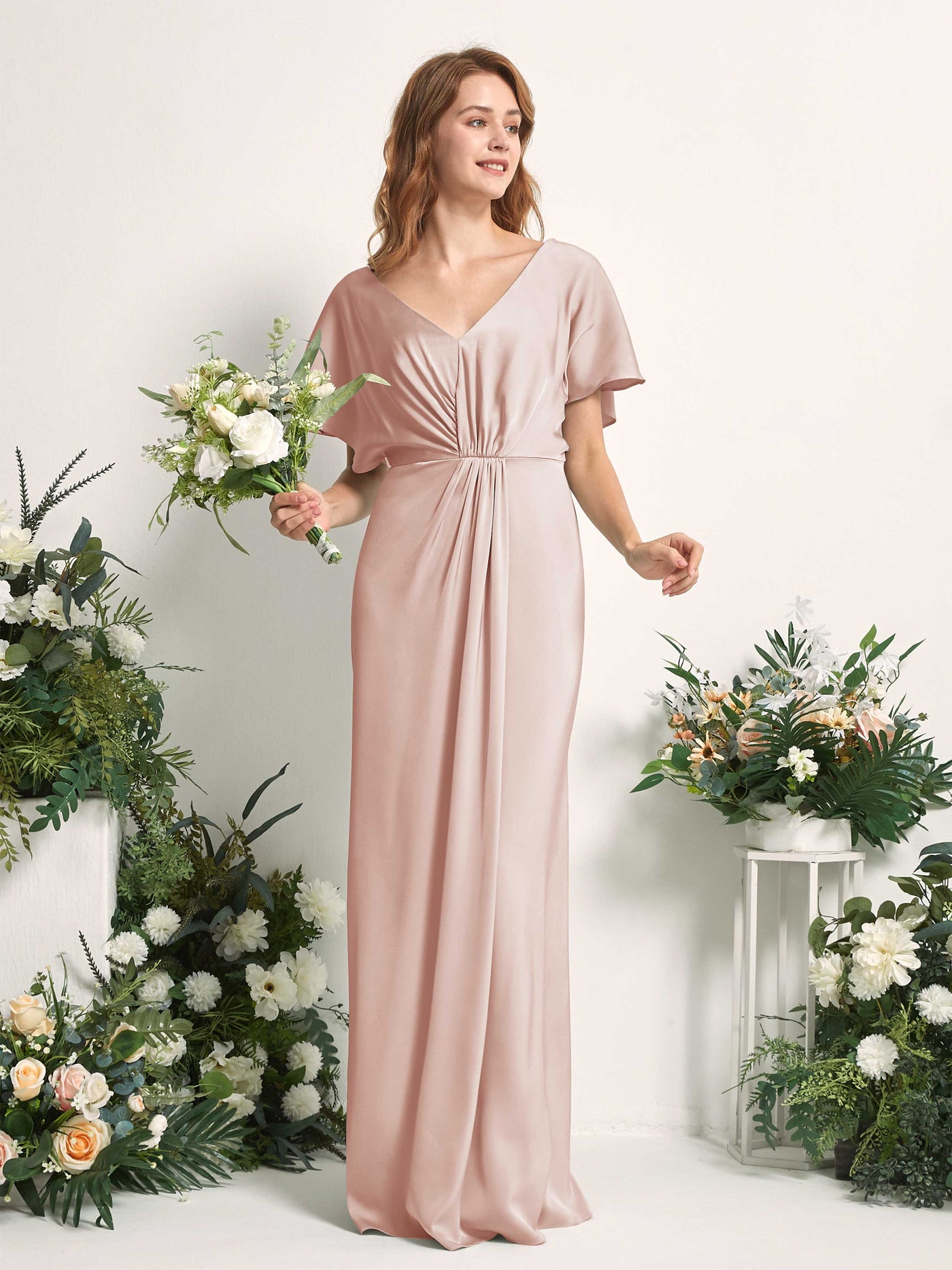 Carlyna Vestido línea A escote en V manga con vuelo hasta el suelo dama de honor Rosa Perla #color_rosa-perla