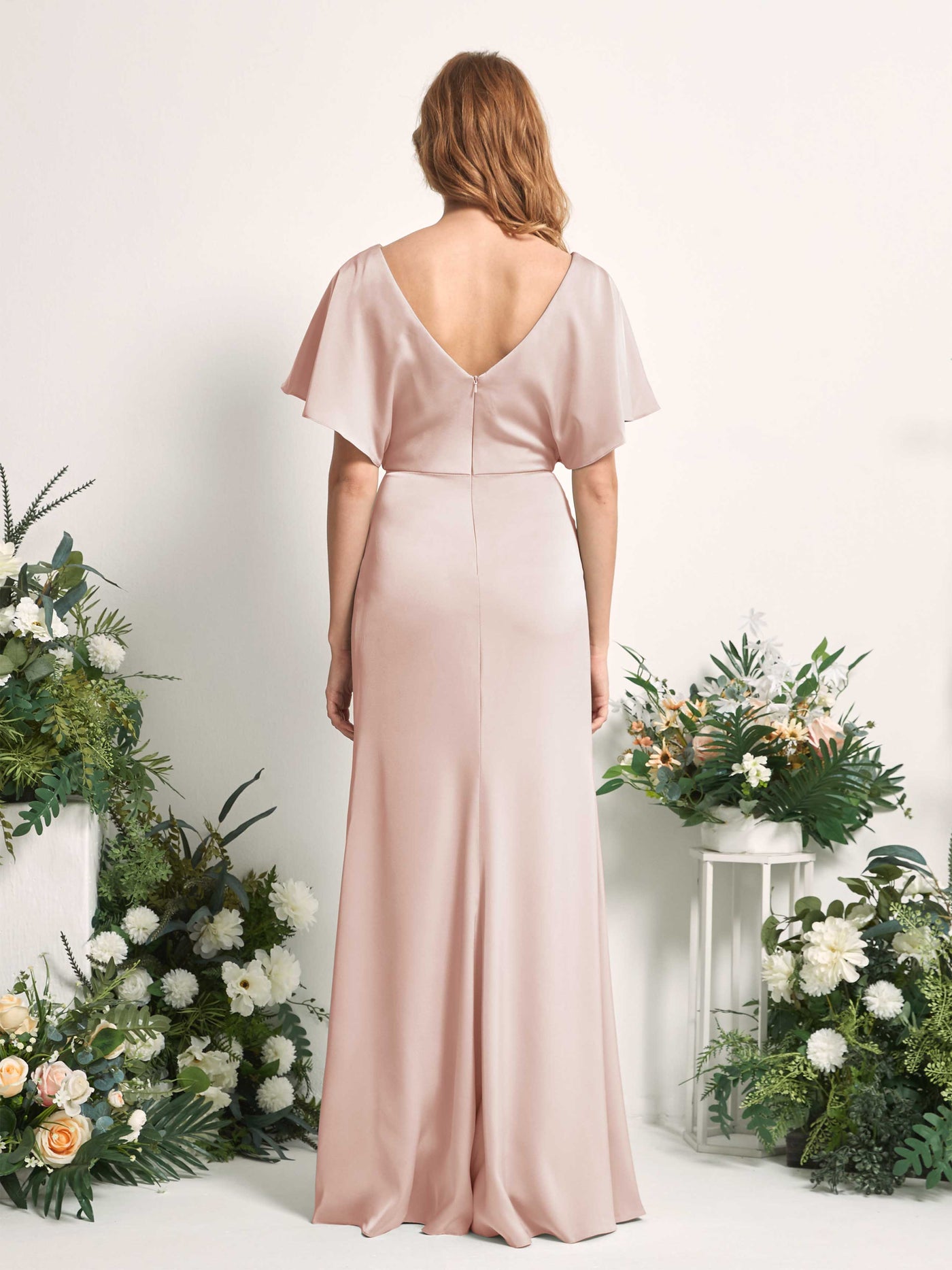 Carlyna Vestido línea A escote en V manga con vuelo hasta el suelo dama de honor Rosa Perla #color_rosa-perla