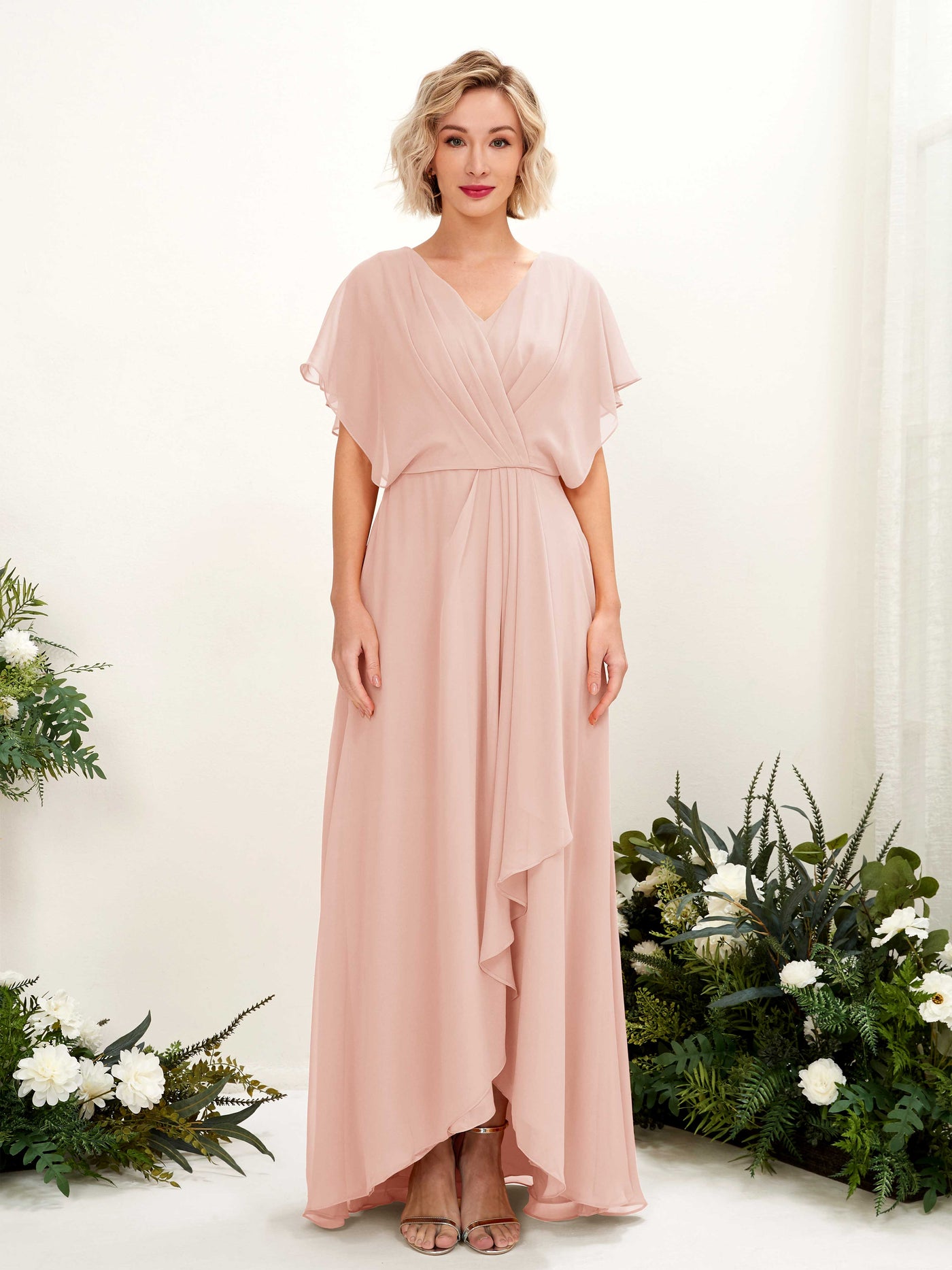 Carlyna Vestido Línea A Escote en V Manga con vuelo Hasta el suelo Dama de honor Rosa Perla #color_rosa-perla