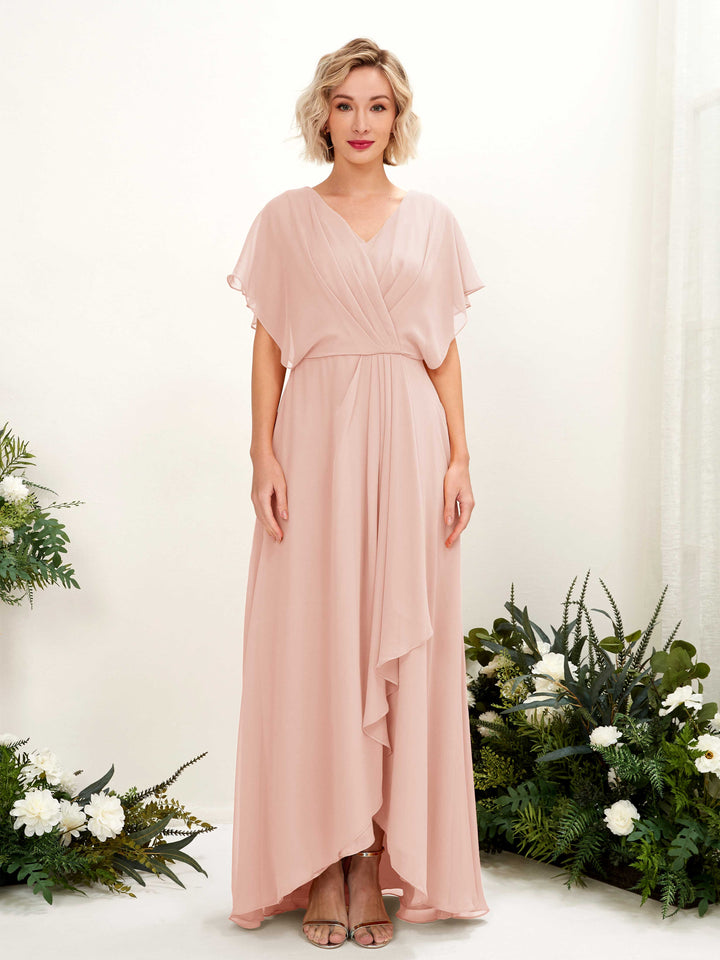 Carlyna Vestido Línea A Escote en V Manga con vuelo Hasta el suelo Dama de honor Rosa Perla 