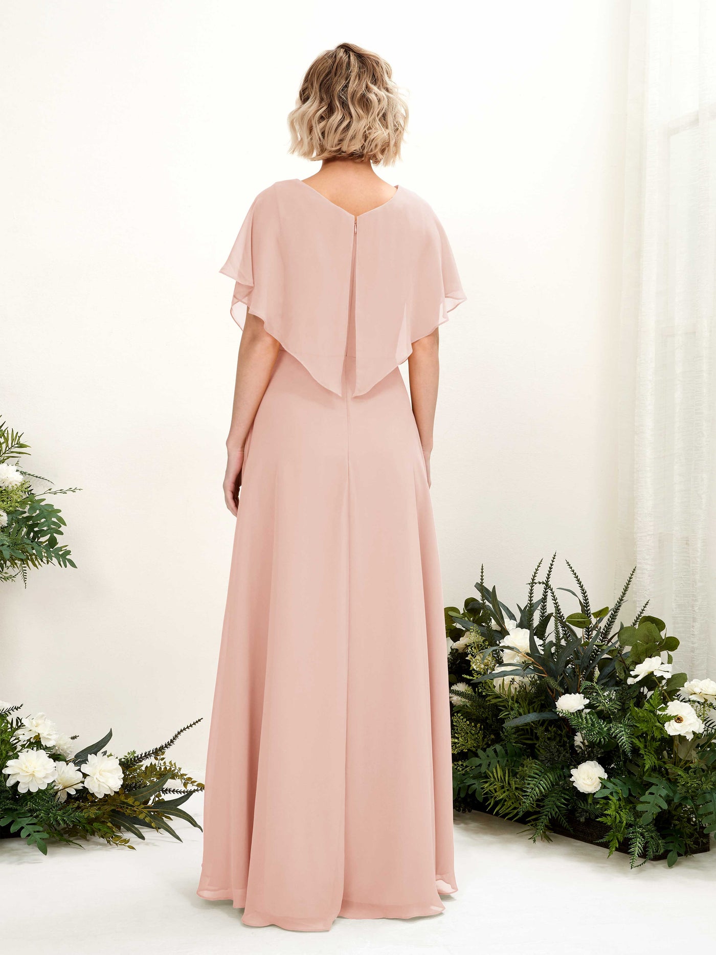 Carlyna Vestido Línea A Escote en V Manga con vuelo Hasta el suelo Dama de honor Rosa Perla #color_rosa-perla