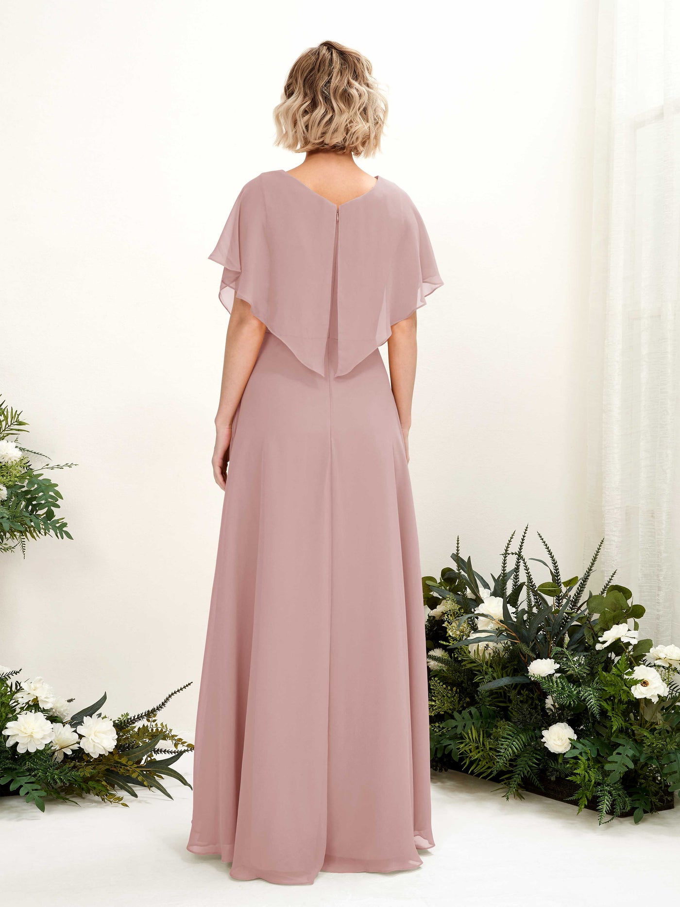 Carlyna Vestido Línea A Escote en V Manga con vuelo Hasta el suelo Dama de honor Rosa Polvorienta #color_rosa-polvorienta