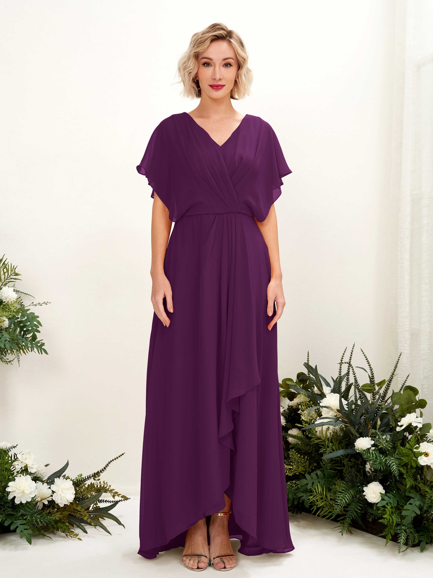 Carlyna Vestido Línea A Escote en V Manga con vuelo Hasta el suelo Dama de honor Uva #color_uva