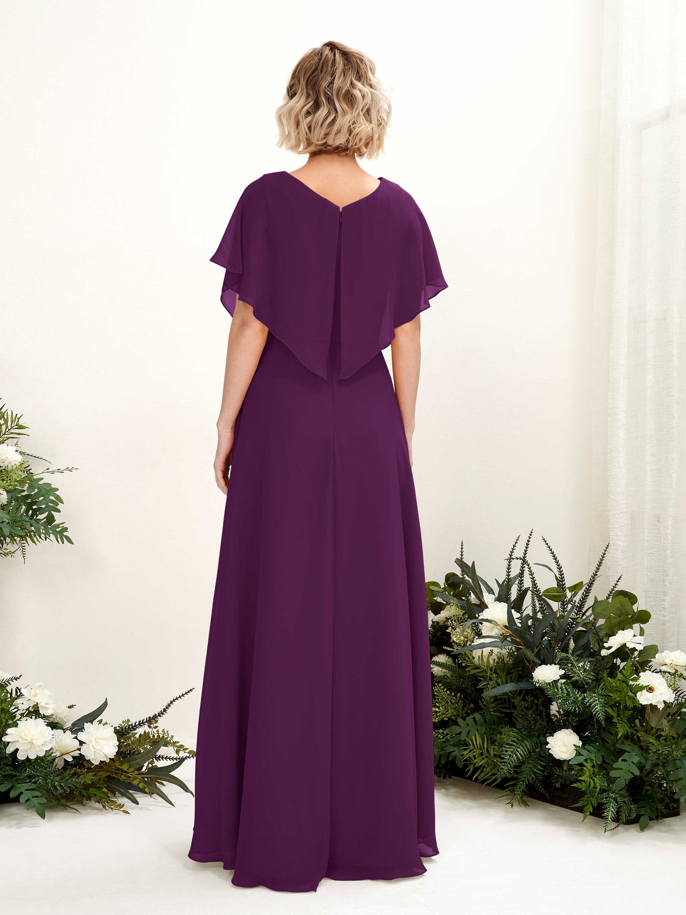 Carlyna Vestido Línea A Escote en V Manga con vuelo Hasta el suelo Dama de honor Uva #color_uva