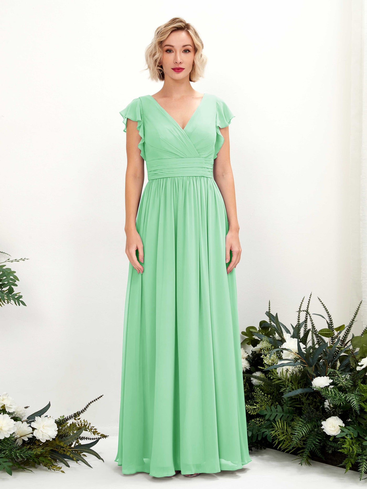 Carlyna Vestido Línea A Escote en V Manga con vuelo Hasta el suelo Dama de honor Verde Menta #color_verde-menta