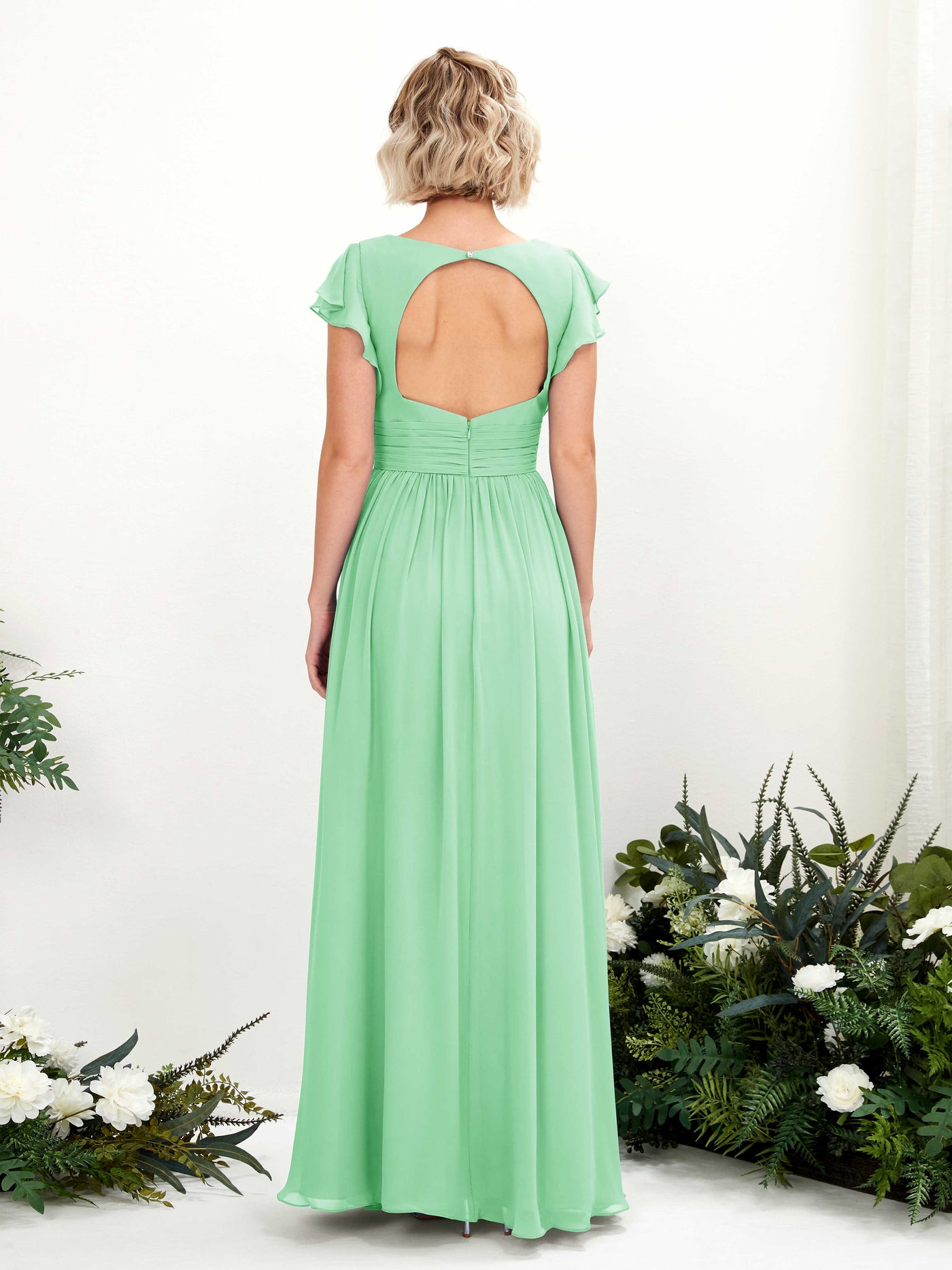 Carlyna Vestido Línea A Escote en V Manga con vuelo Hasta el suelo Dama de honor Verde Menta #color_verde-menta