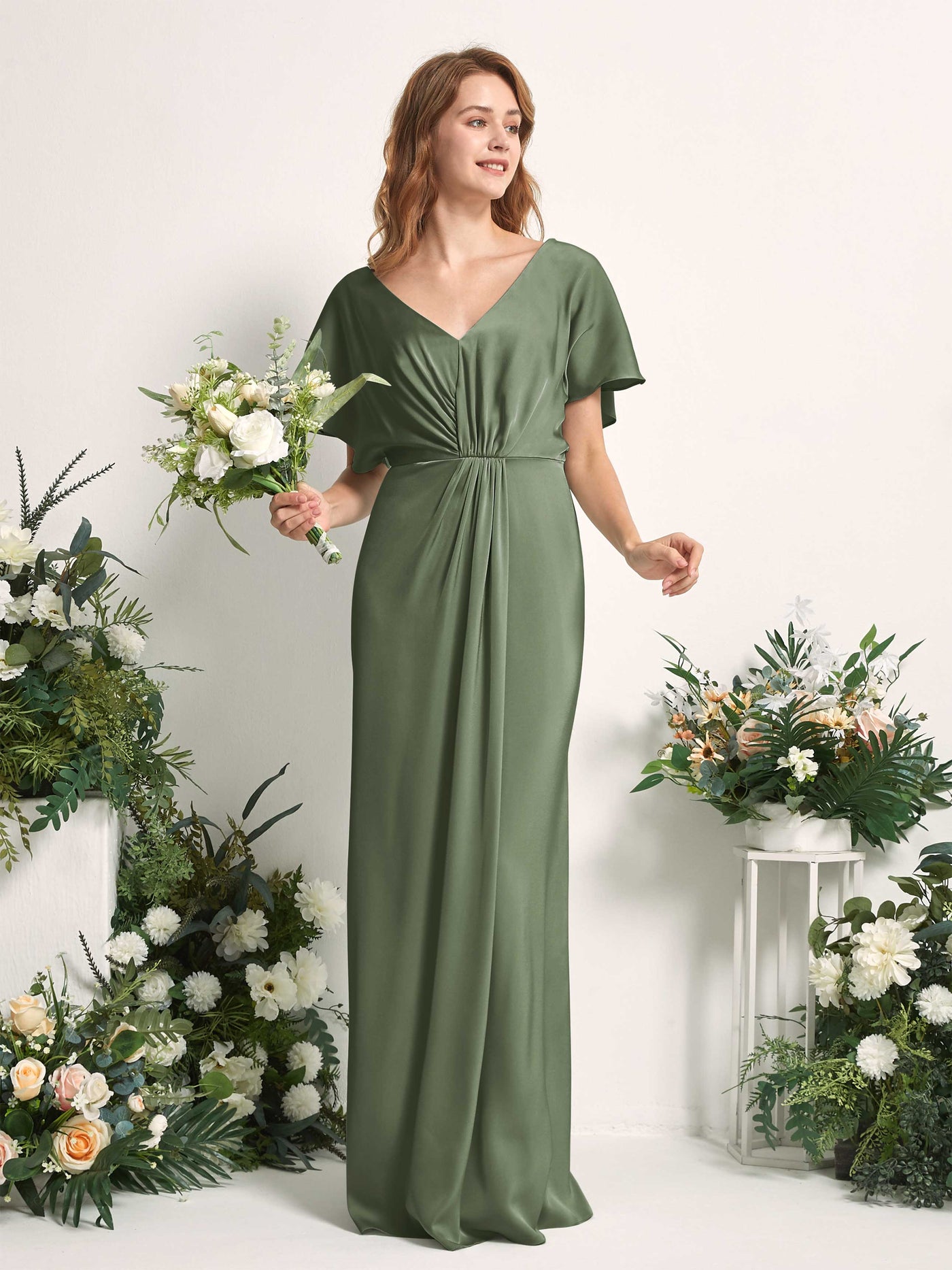 Carlyna Vestido línea A escote en V manga con vuelo hasta el suelo dama de honor Verde Oliva #color_verde-oliva