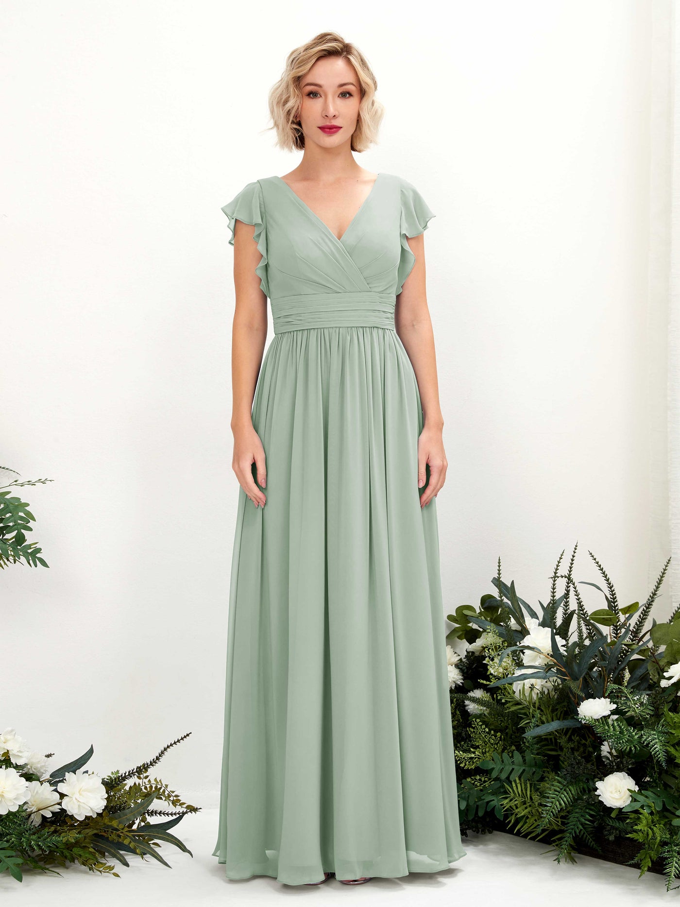 Carlyna Vestido Línea A Escote en V Manga con vuelo Hasta el suelo Dama de honor Verde Salvia #color_verde-salvia