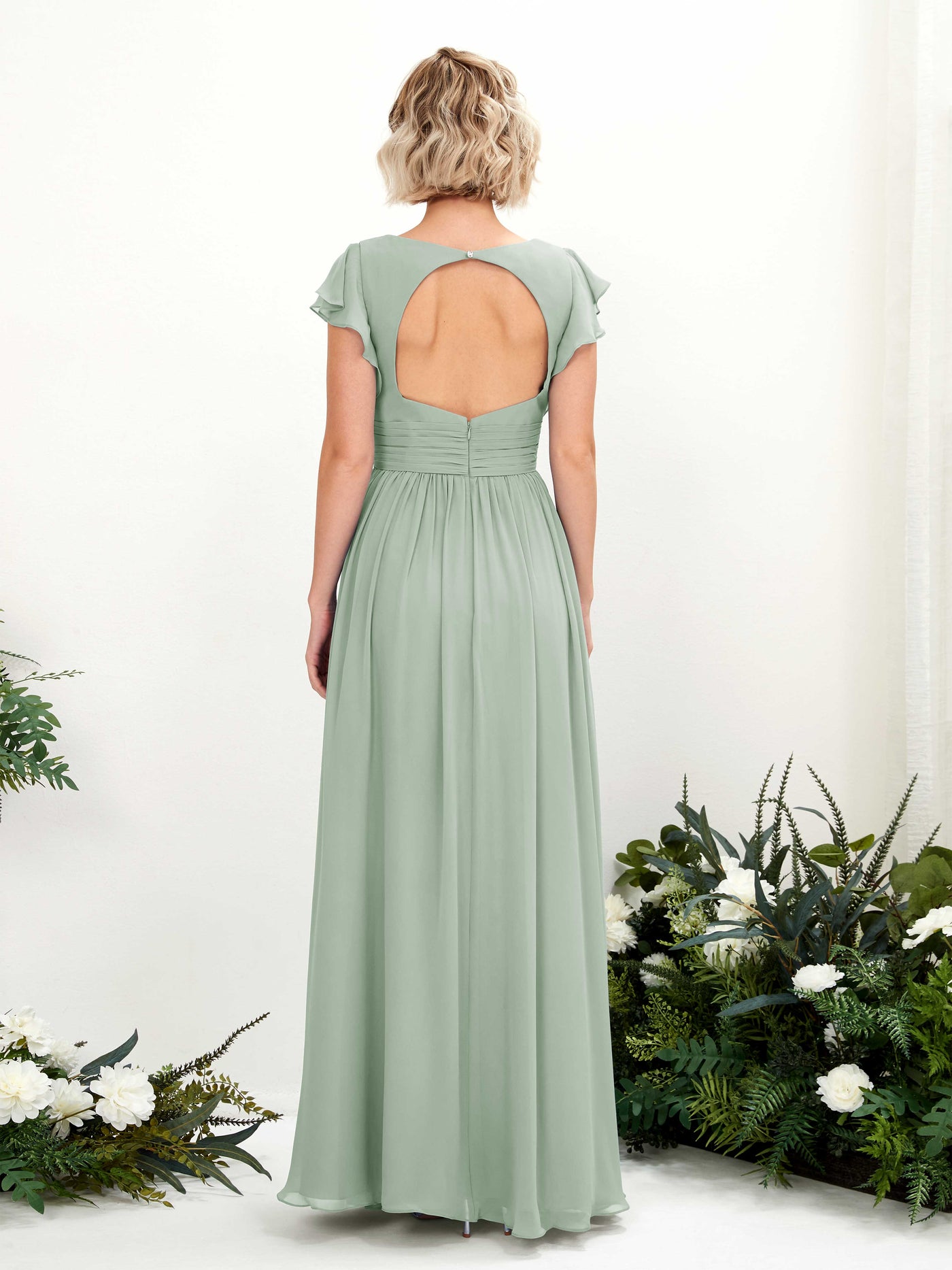 Carlyna Vestido Línea A Escote en V Manga con vuelo Hasta el suelo Dama de honor Verde Salvia #color_verde-salvia