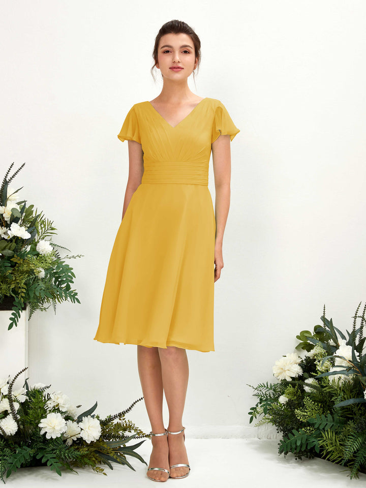 Carlyna Vestido línea A escote en V manga con vuelo hasta la rodilla gasa Amarillo Mostaza 