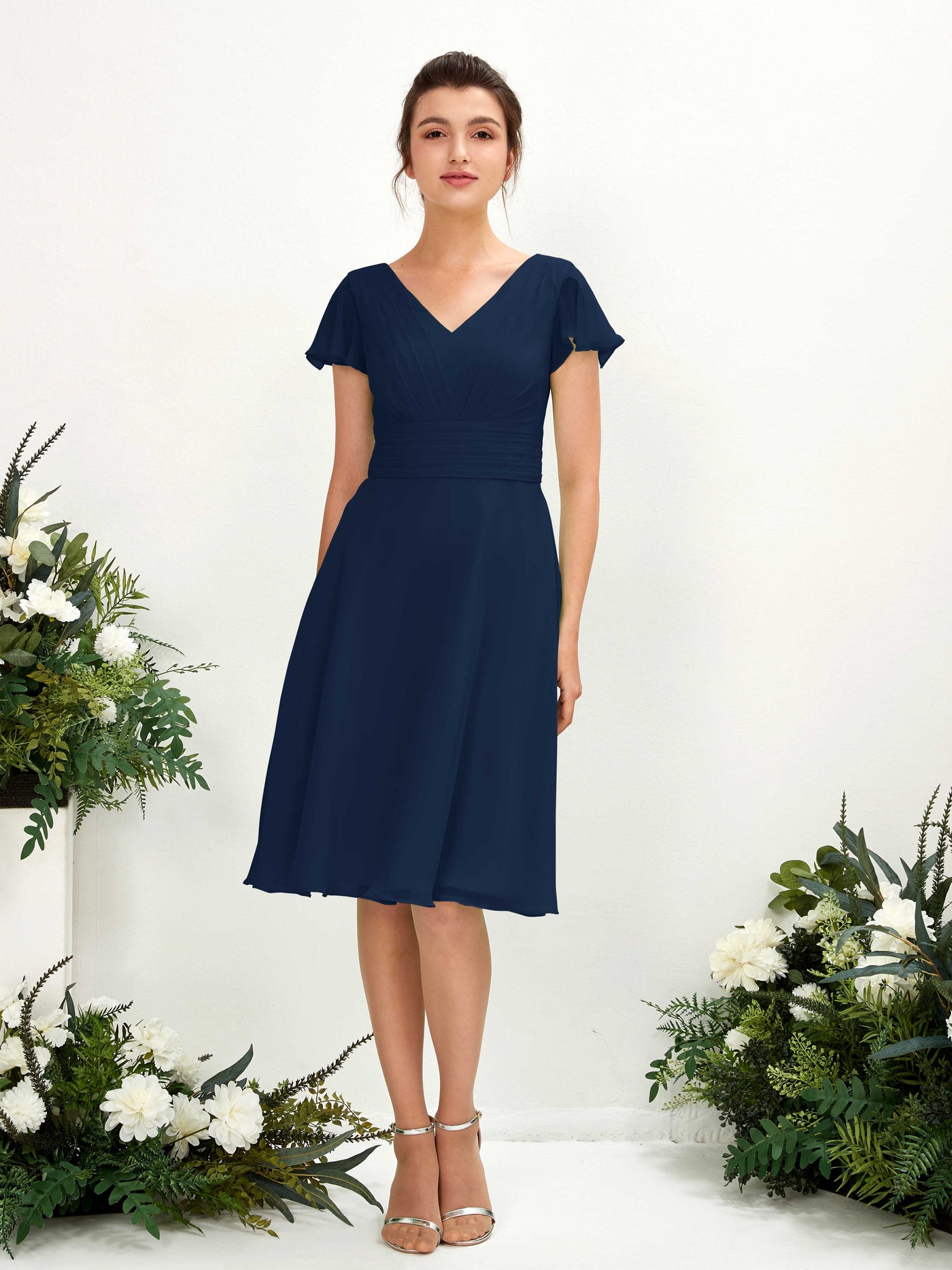 Carlyna Vestido línea A escote en V manga con vuelo hasta la rodilla gasa Azul Marino #color_azul-marino