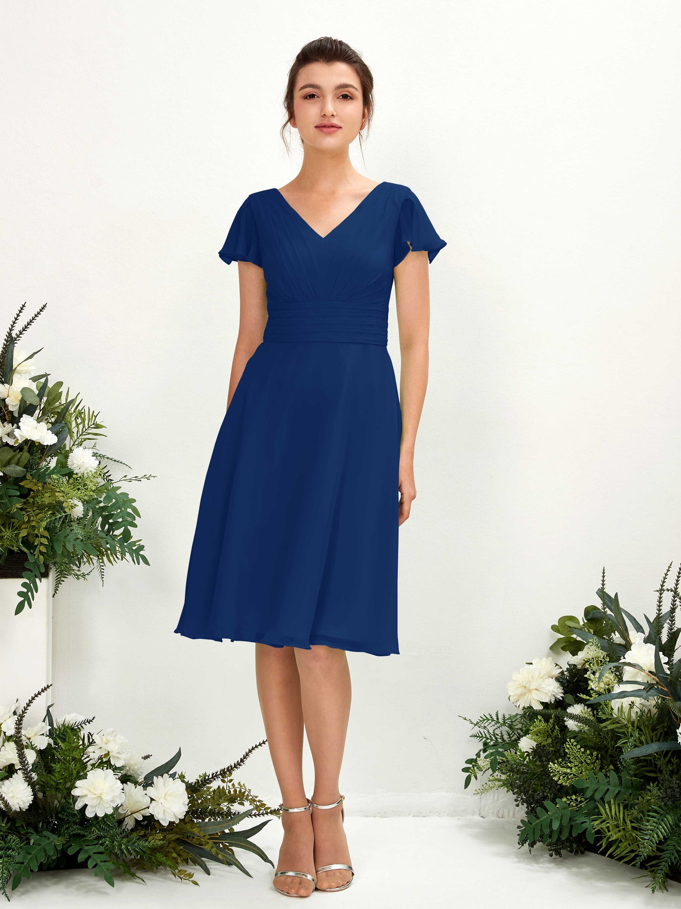 Carlyna Vestido línea A escote en V manga con vuelo hasta la rodilla gasa Azul Real #color_azul-real