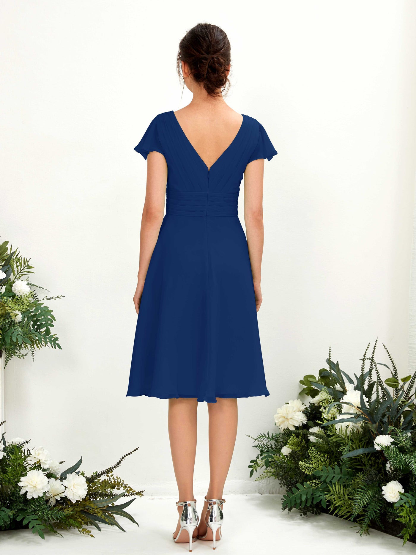 Carlyna Vestido línea A escote en V manga con vuelo hasta la rodilla gasa Azul Real #color_azul-real