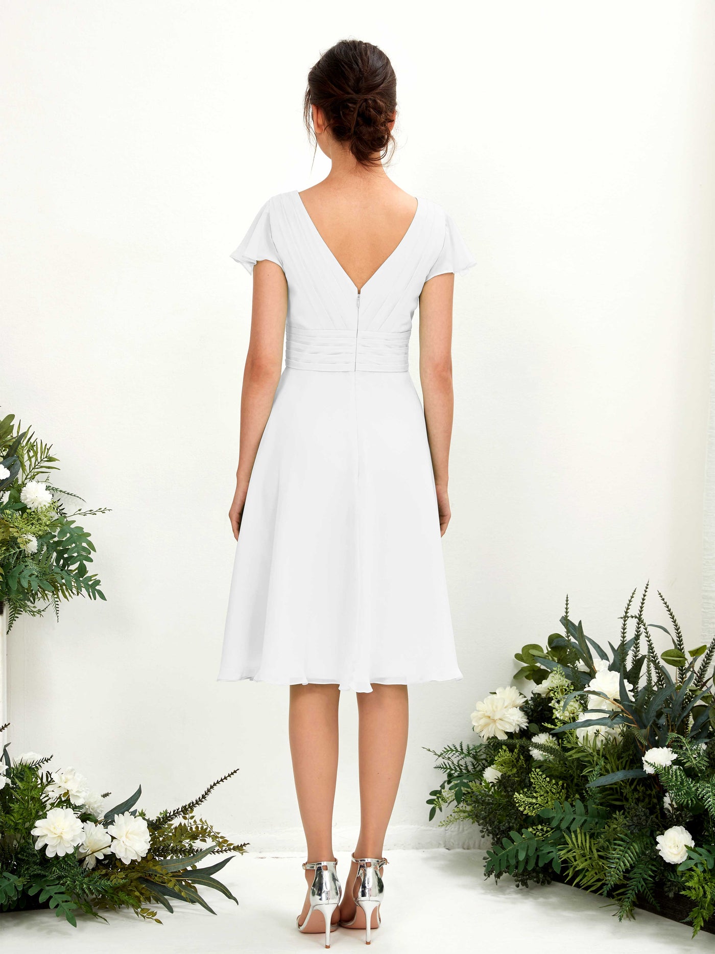Carlyna Vestido línea A escote en V manga con vuelo hasta la rodilla gasa Blanco #color_blanco
