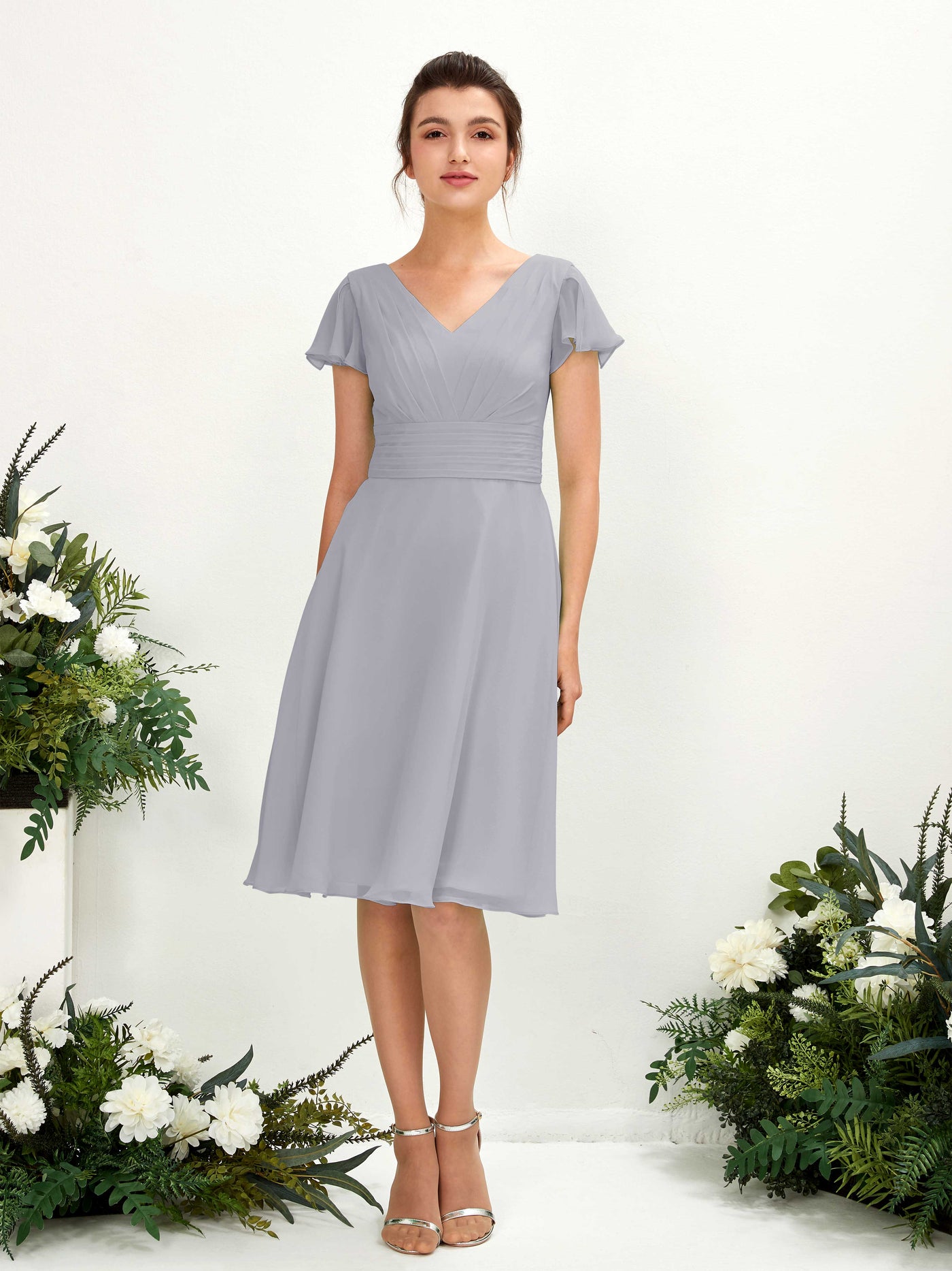 Carlyna Vestido línea A escote en V manga con vuelo hasta la rodilla gasa Lavanda Viejo #color_lavanda-viejo