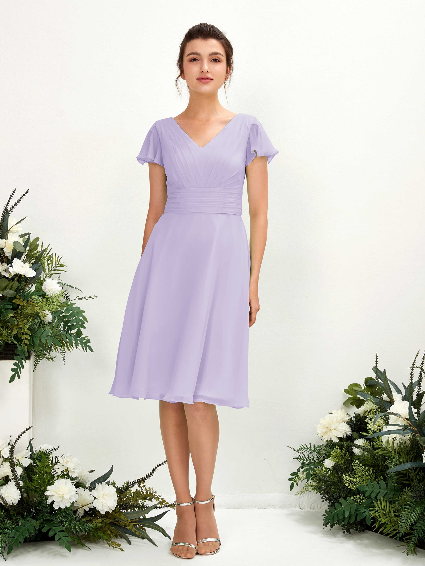 Carlyna Vestido línea A escote en V manga con vuelo hasta la rodilla gasa Lila #color_lila