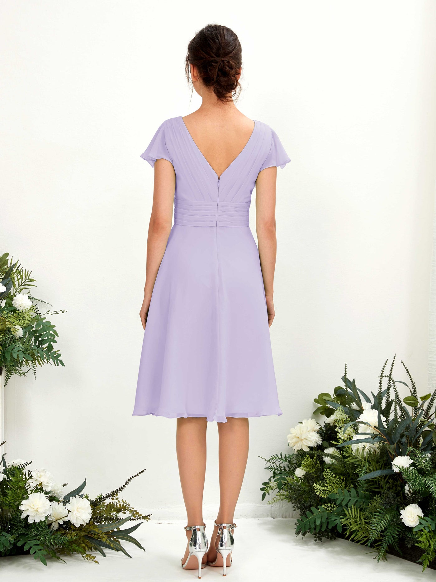 Carlyna Vestido línea A escote en V manga con vuelo hasta la rodilla gasa Lila #color_lila