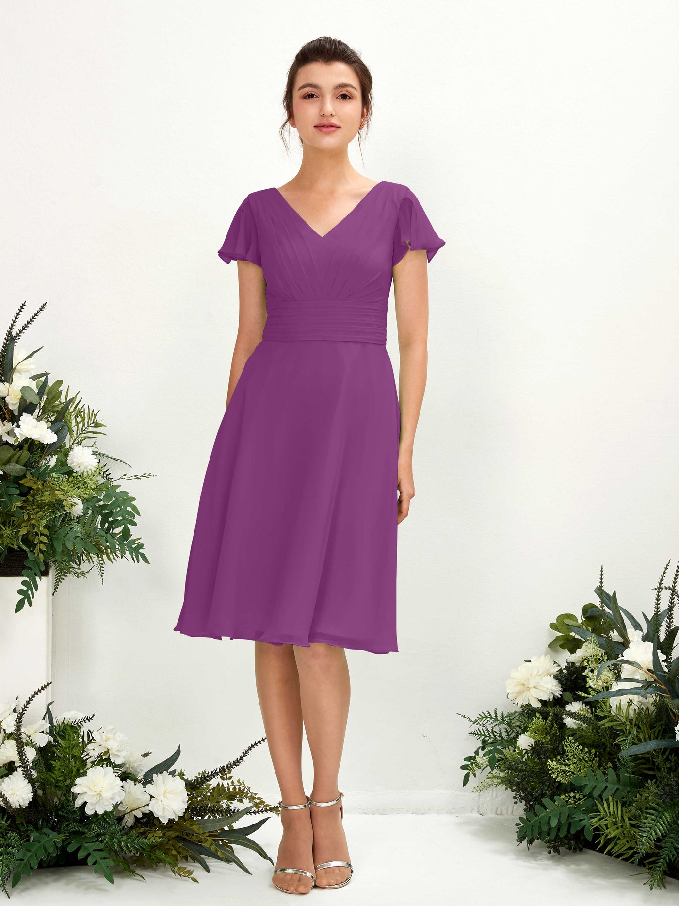 Carlyna Vestido línea A escote en V manga con vuelo hasta la rodilla gasa Púrpura #color_p-rpura