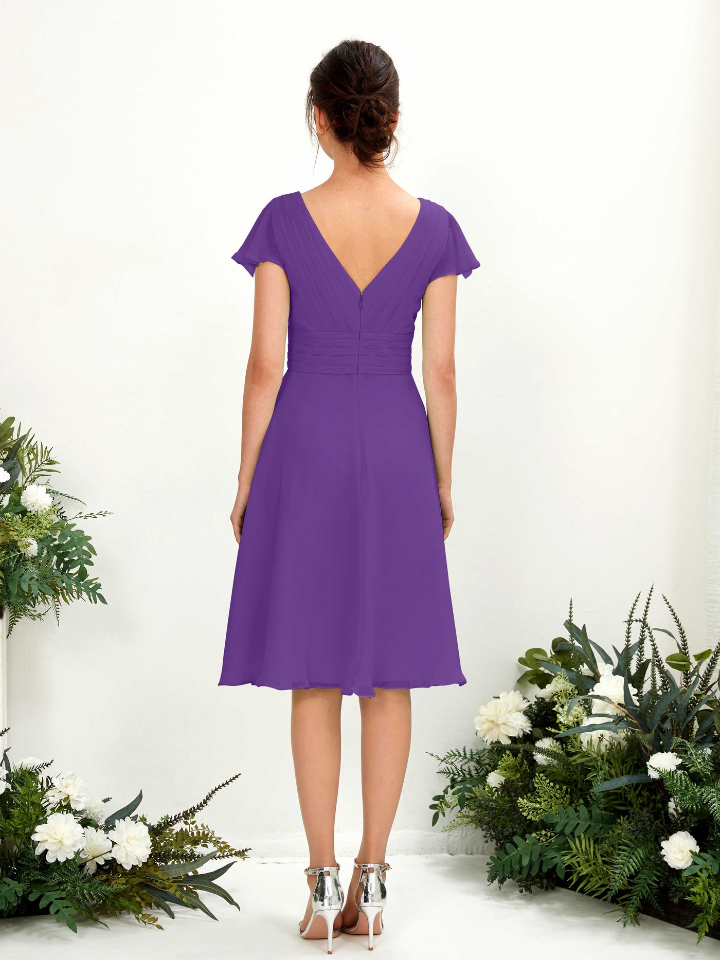 Carlyna Vestido línea A escote en V manga con vuelo hasta la rodilla gasa Regencia #color_regencia