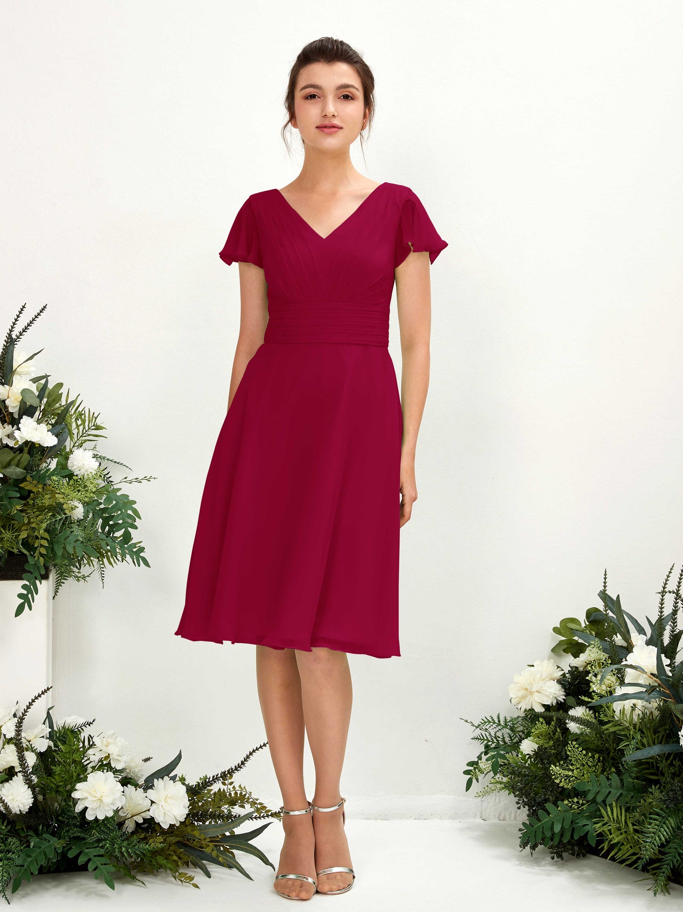 Carlyna Vestido línea A escote en V manga con vuelo hasta la rodilla gasa Rojo Bufón #color_rojo-buf-n