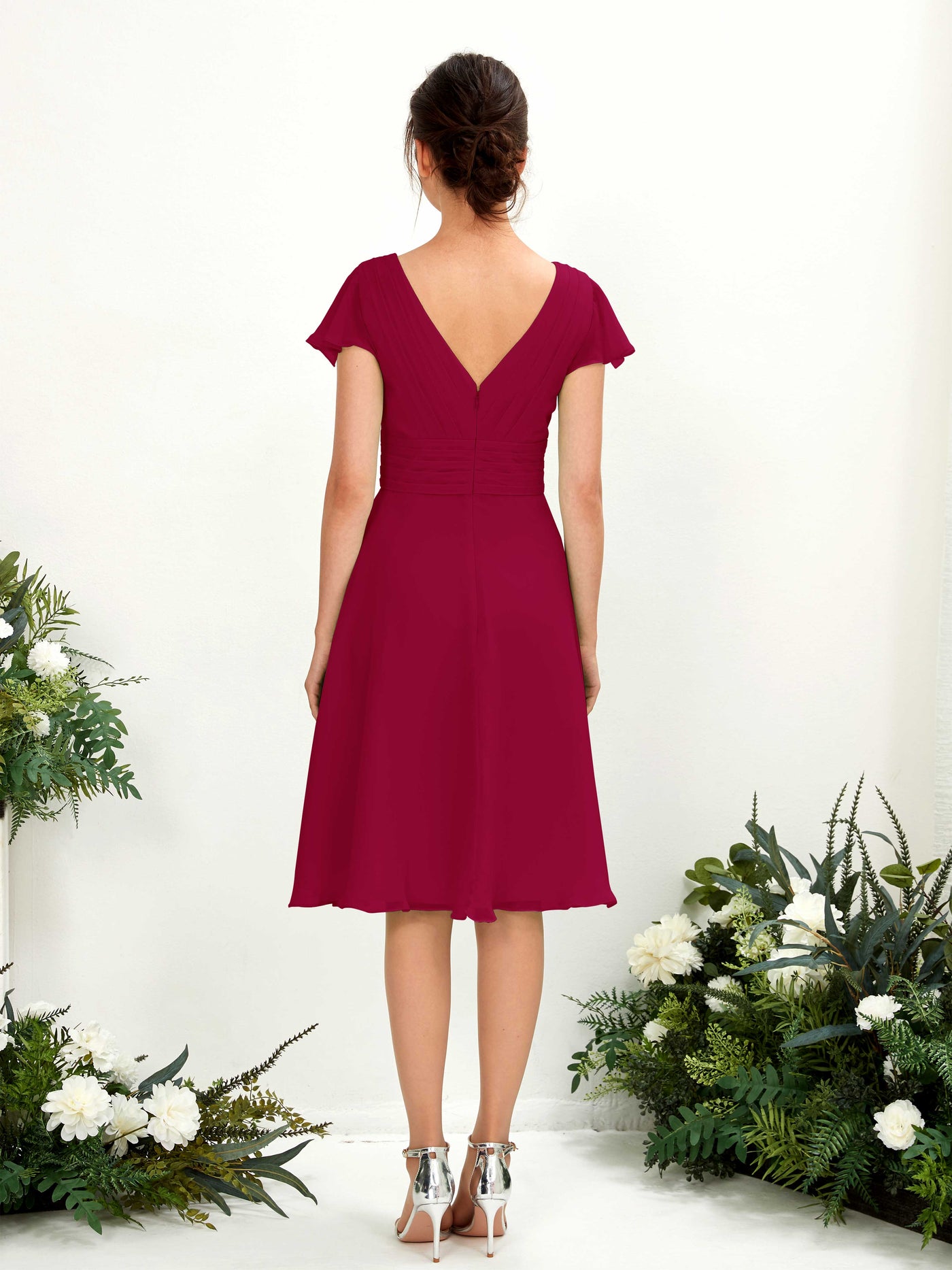 Carlyna Vestido línea A escote en V manga con vuelo hasta la rodilla gasa Rojo Bufón #color_rojo-buf-n