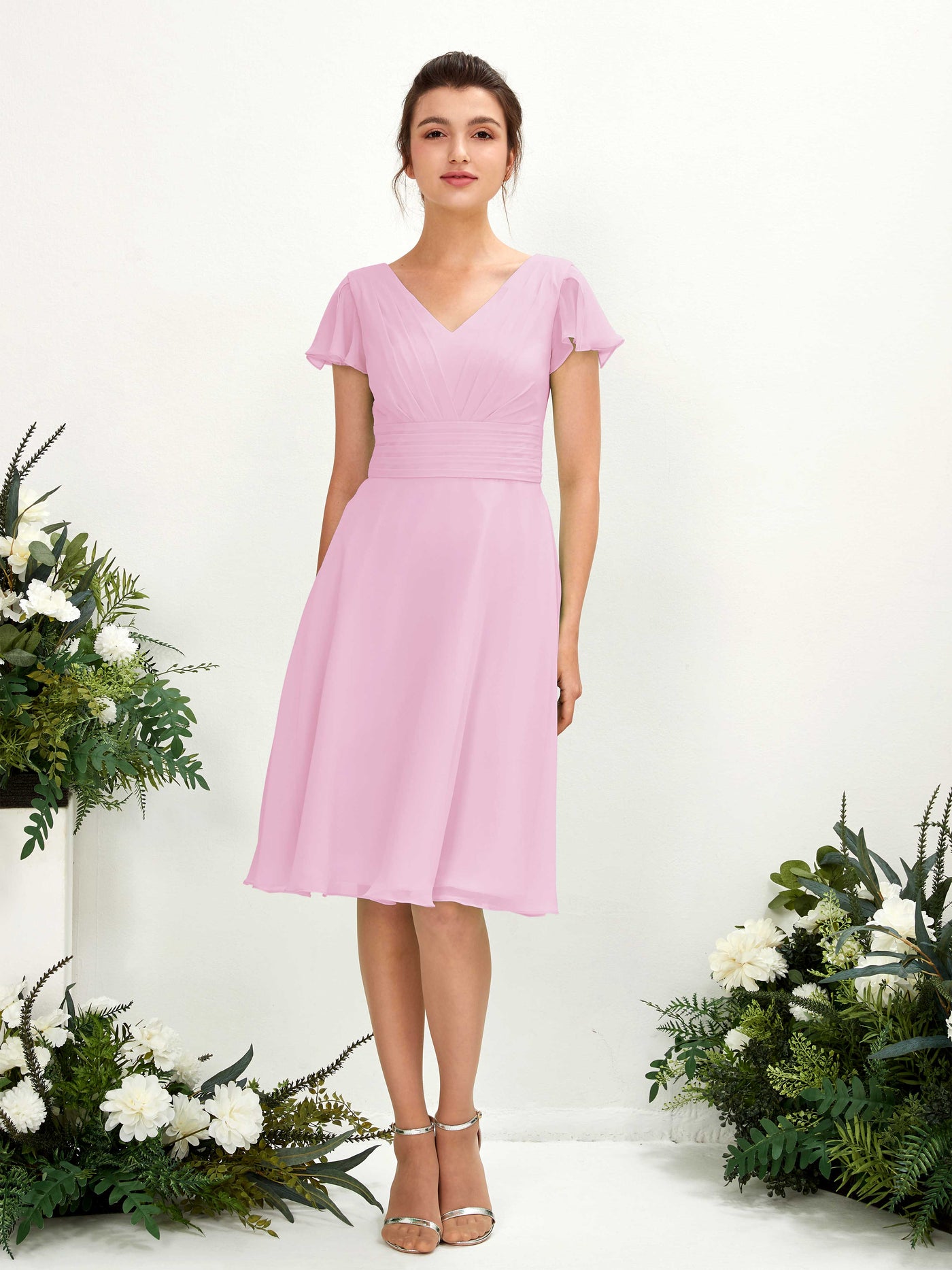 Carlyna Vestido línea A escote en V manga con vuelo hasta la rodilla gasa Rosa Caramelo #color_rosa-caramelo