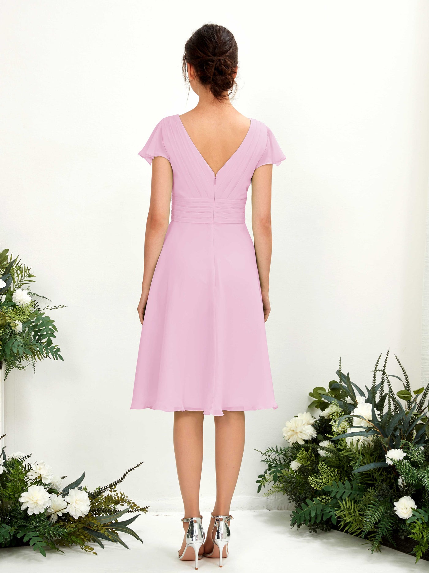 Carlyna Vestido línea A escote en V manga con vuelo hasta la rodilla gasa Rosa Caramelo #color_rosa-caramelo