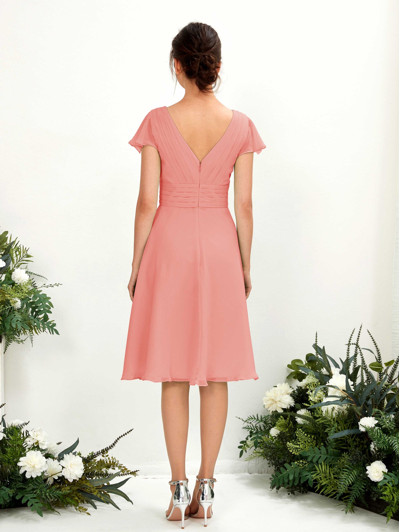 Carlyna Vestido línea A escote en V manga con vuelo hasta la rodilla gasa Rosa Melocotón #color_rosa-melocot-n