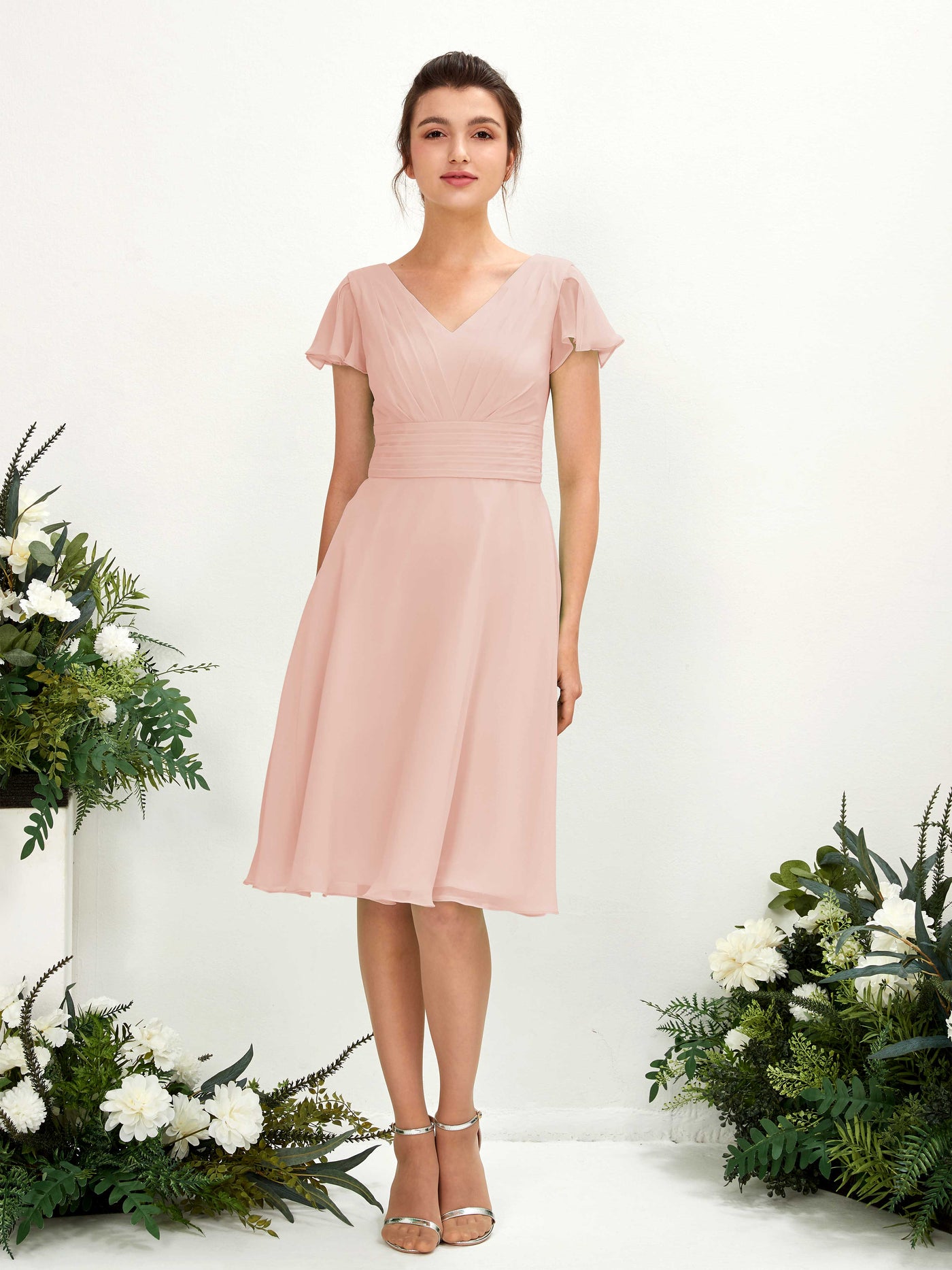 Carlyna Vestido línea A escote en V manga con vuelo hasta la rodilla gasa Rosa Perla #color_rosa-perla