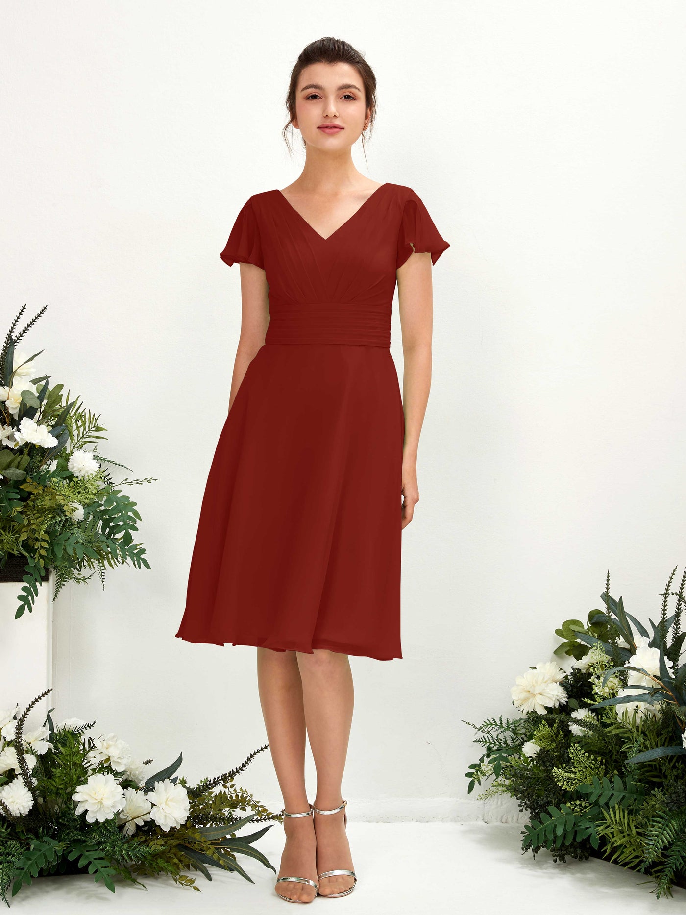 Carlyna Vestido línea A escote en V manga con vuelo hasta la rodilla gasa Óxido #color_xido