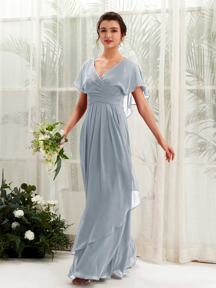 Carlyna Vestido línea A escote en V manga con vuelo vestidos de dama de honor Azul Empolvado Mejorado 