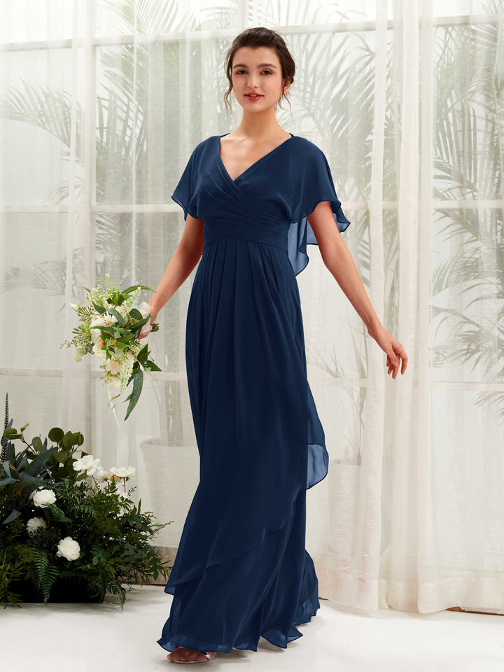 Carlyna Vestido línea A escote en V manga con vuelo vestidos de dama de honor Azul Marino 