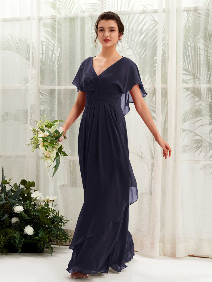 Carlyna Vestido línea A escote en V manga con vuelo vestidos de dama de honor Azul Marino Oscuro 