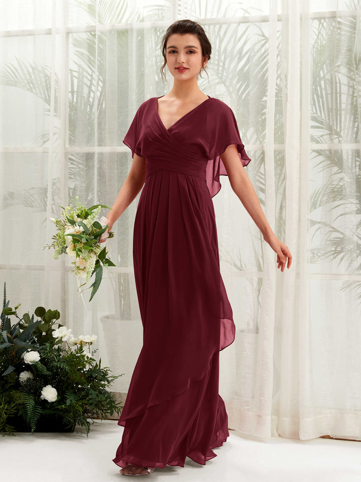 Carlyna Vestido línea A escote en V manga con vuelo vestidos de dama de honor Borgoña 