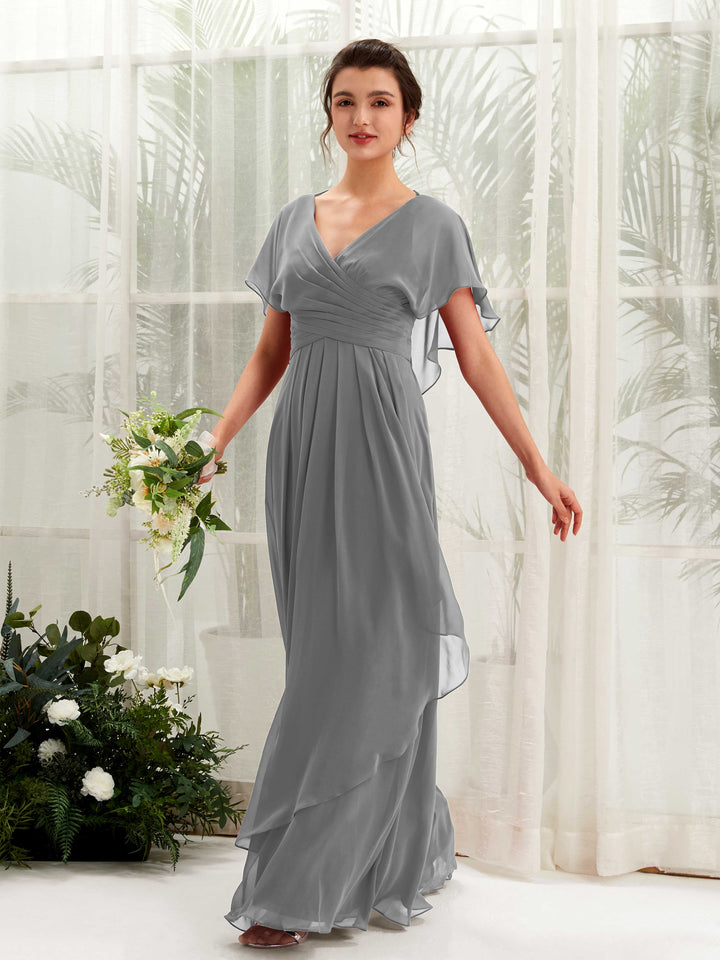 Carlyna Vestido línea A escote en V manga con vuelo vestidos de dama de honor Gris Acero 