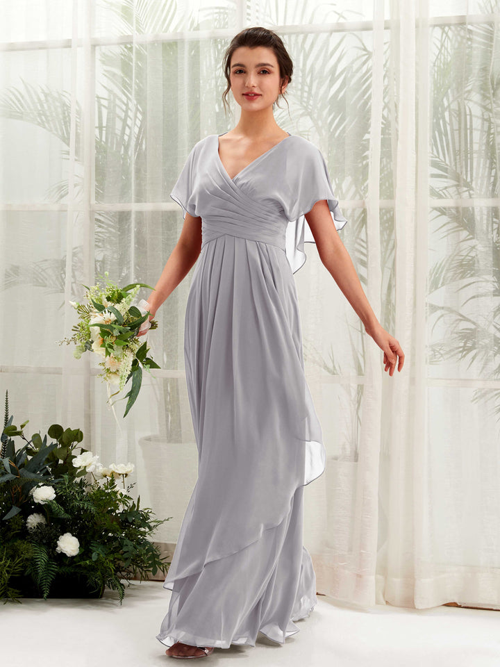 Carlyna Vestido línea A escote en V manga con vuelo vestidos de dama de honor Gris Paloma 