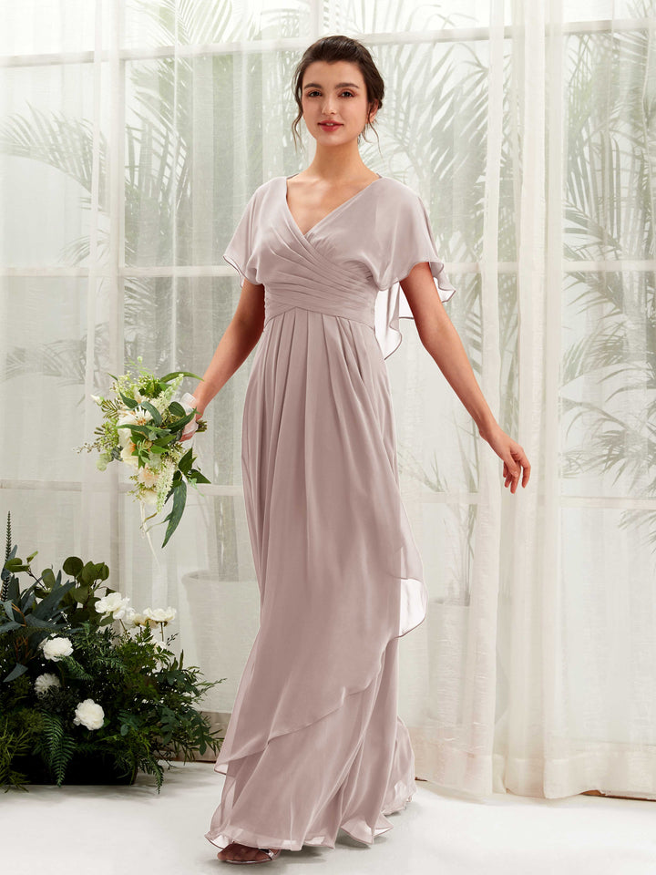 Carlyna Vestido línea A escote en V manga con vuelo vestidos de dama de honor Gris Pardo 