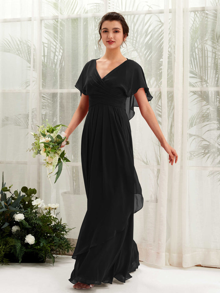 Carlyna Vestido línea A escote en V manga con vuelo vestidos de dama de honor Negro 