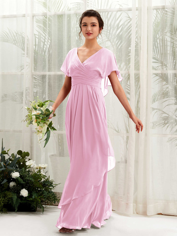 Carlyna Vestido línea A escote en V manga con vuelo vestidos de dama de honor Rosa Caramelo 