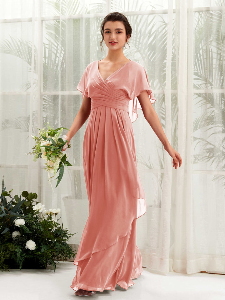 Carlyna Vestido línea A escote en V manga con vuelo vestidos de dama de honor Rosa Champán 