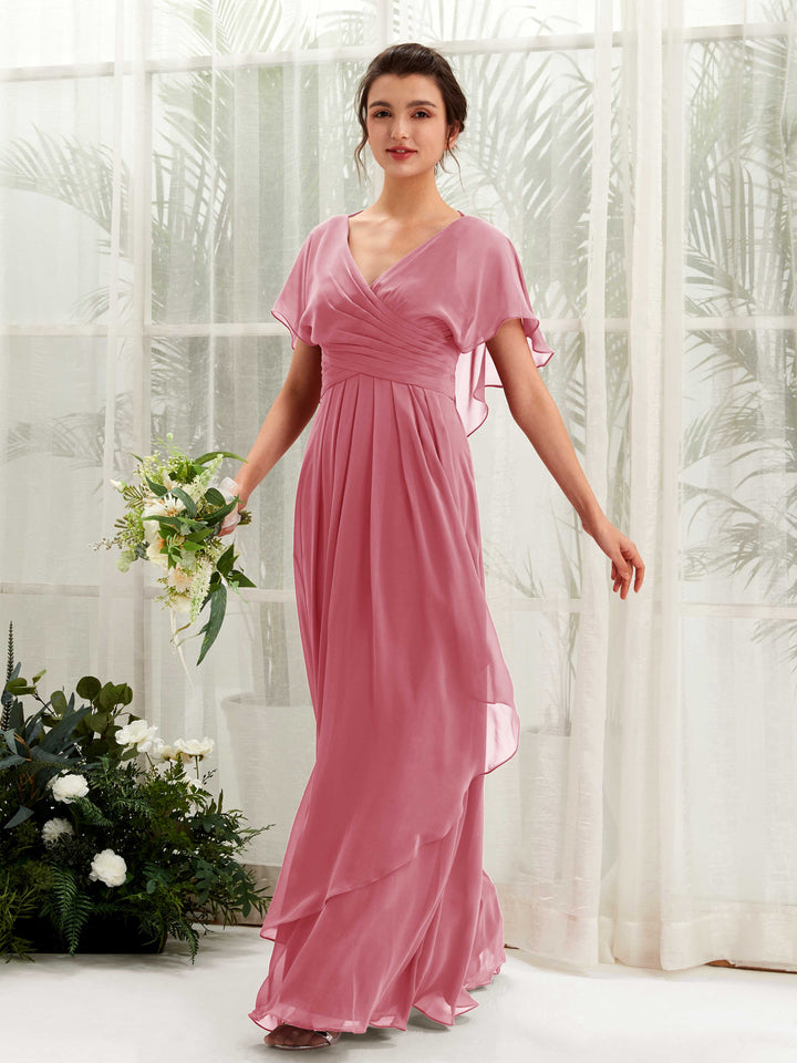 Carlyna Vestido línea A escote en V manga con vuelo vestidos de dama de honor Rosa Del Desierto 
