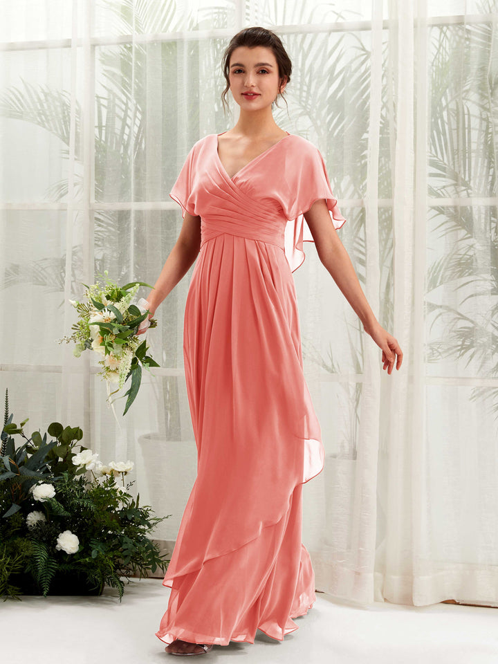 Carlyna Vestido línea A escote en V manga con vuelo vestidos de dama de honor Rosa Melocotón 