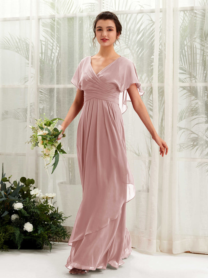 Carlyna Vestido línea A escote en V manga con vuelo vestidos de dama de honor Rosa Polvorienta 