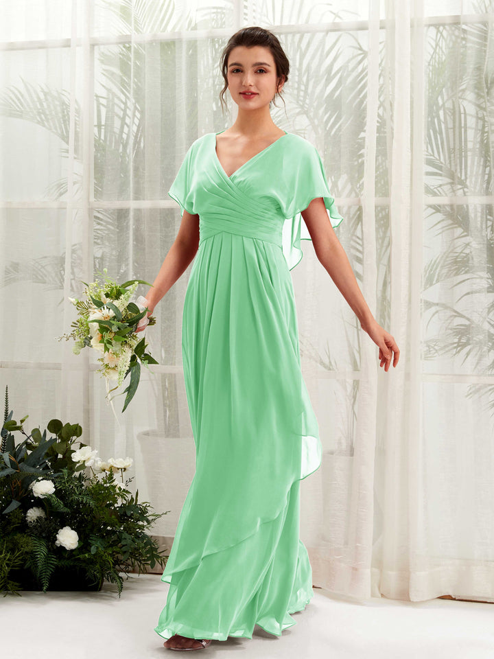 Carlyna Vestido línea A escote en V manga con vuelo vestidos de dama de honor Verde Menta 